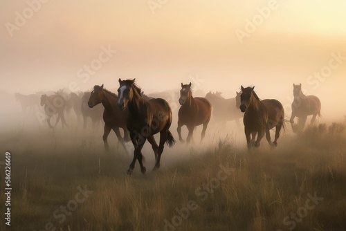 running horses in the fog  generative AI