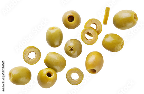 Green olives and slices flying on a white background. Isolated
