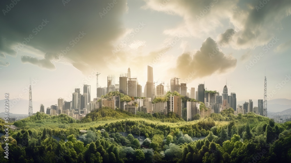 An image of a city skyline blended with natural elements like clouds