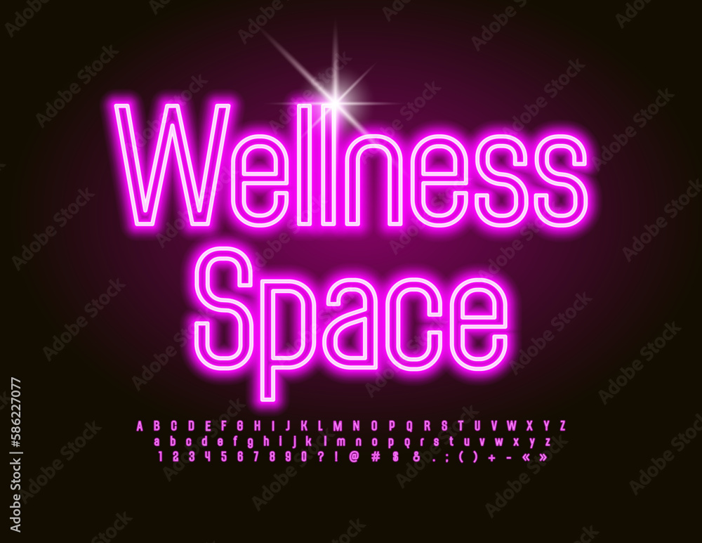Vector glowing sign Wellness Space. Pink electric Font. Neon illuminated Alphabet Letters, Numbers and Symbols set