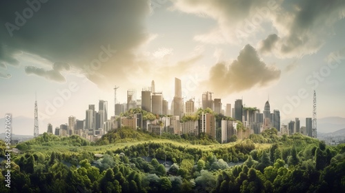 An image of a city skyline blended with natural elements like clouds © ImageMaster