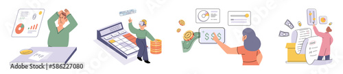 Set of people analyzing personal or corporate budget. Concept of finance accounting and calculation of financial income and expenses report. Financial consultant with document for tax computation