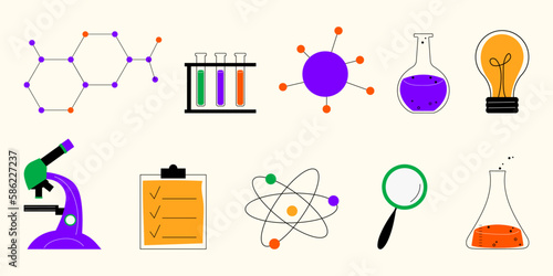 Hand drawn chemical and laboratory elements. Isolated vector objects for experiments. Different liquids in a flask, a microscope, a magnifying glass, a light bulb, an atom. A modern template