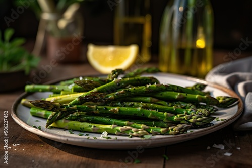 Plate of grilled asparagus spears with olive oil - food products created with generative AI technology