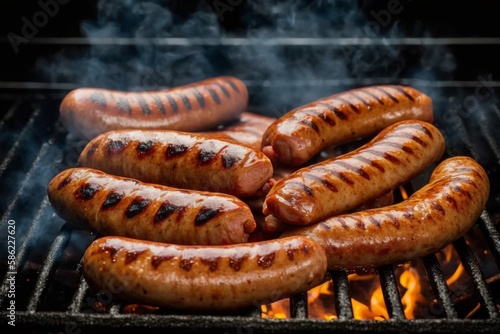 Sausages on a grill. Grilled sausage on the flame grill, generative AI illustration