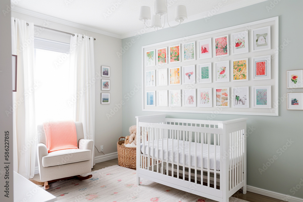 Modern minimalist nursery room in scandinavian style. Baby room interior in light colours, AI generated image Modern minimalist nursery room in scandinavian style. Baby room interior in light colours, AI generated image