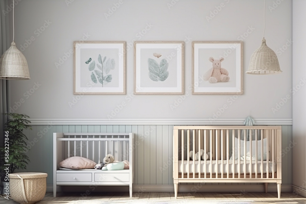Modern minimalist nursery room in scandinavian style. Baby room interior in light colours, AI generated image Modern minimalist nursery room in scandinavian style. Baby room interior in light colours, AI generated image