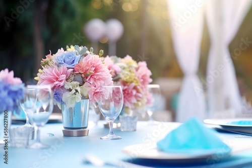 Wedding table decorations in pink and blue. Floral design, special event table set up, wedding outdoor celebration party, banquet. AI generated image © Magryt
