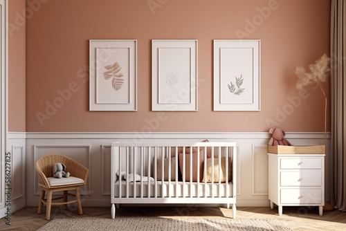 Modern minimalist nursery room in scandinavian style. Baby room interior in light colours, AI generated image photo