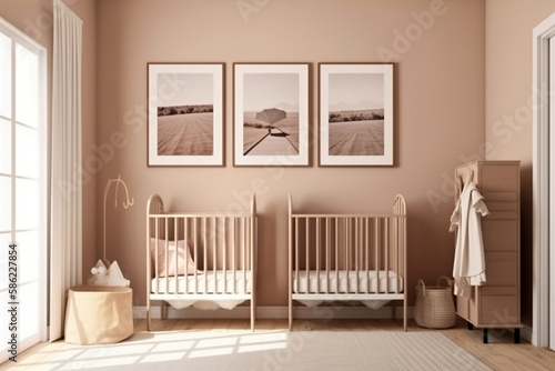 Modern minimalist nursery room in scandinavian style. Baby room interior in light colours, AI generated image