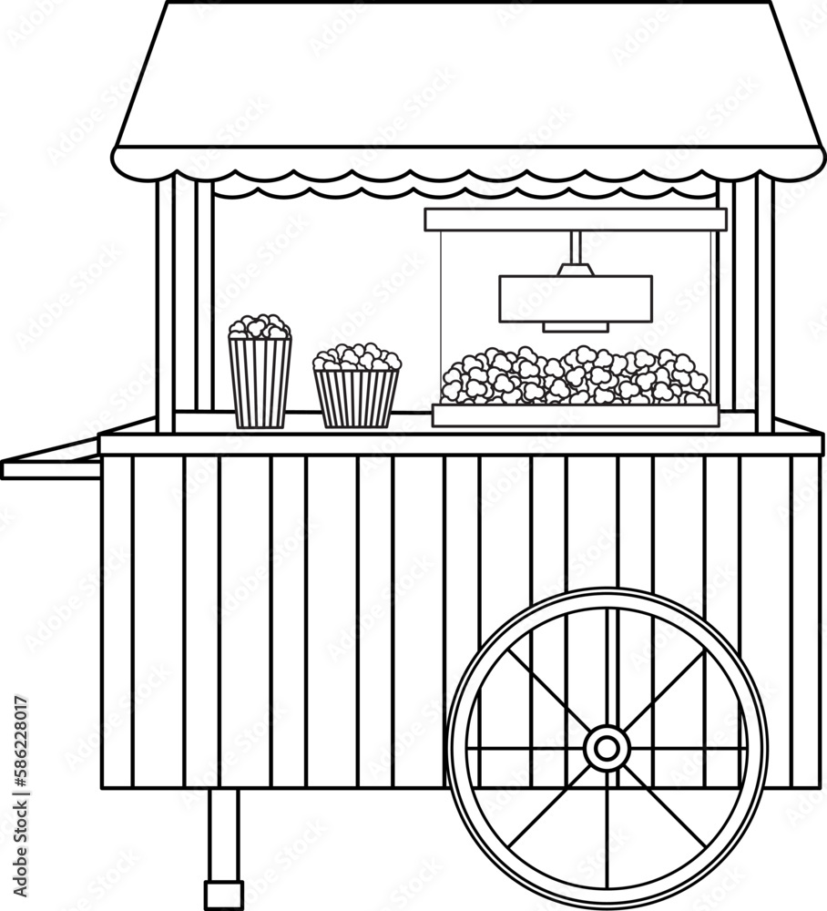 bright vector illustration of a popcorn machine, a popcorn cart, a snack, street food, doodle