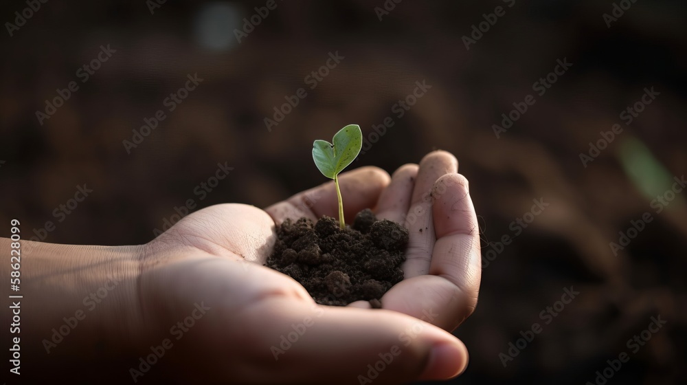 An image of a person's hand holding a small seedling, with the Earth in the background, representing the idea of nurturing new growth and regeneration - Generative AI An image of a person's hand holding a small seedling, with the Earth in the background, representing the idea of nurturing new growth and regeneration - Generative AI