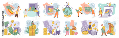 Businessman investor with coins. Employee or entrepreneur puts money in secret safe, calculates profit. Financial literacy and passive income, successful investor. Person stands holding bank card