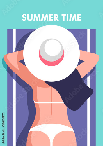 Summer time. Concept of summer vacation and travel. Young woman sunbathing on the beach in a hat. Vector illustration in minimalistic style for posters, cover art, flyer, banner.