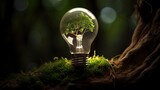 An image of a tree growing out of a lightbulb, representing the idea of sustainable energy and reducing our carbon footprint - Generative AI