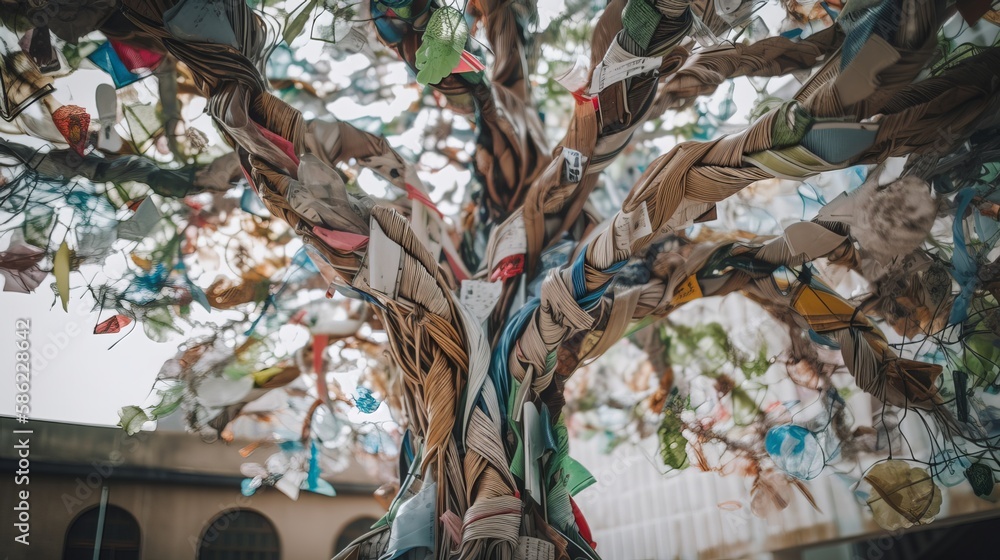 An image of a tree made out of recycled materials, such as paper, plastic, and metal, to symbolize the idea of sustainability and waste reduction - Generative AI