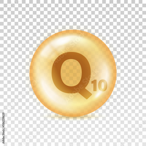 Q10 coenzyme. Vitamin q10 gold color isolated on transparent background. Qoq10 collagen supplement. Essential oil. Ubiquinone enzyme. Design spa. Serum care skin. Health nutrition. Vector illustration