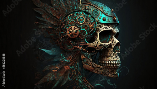 Mechanical skull in profile with space for copy. Digital illustration.
