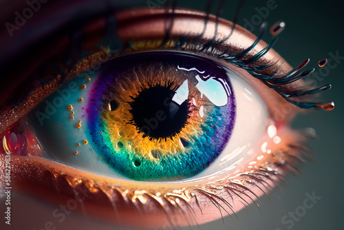 Close up of abstract human eye in rainbow color, realistic beautiful sharp zoom. Generative AI