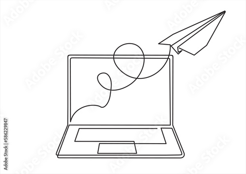 Laptop and paper plane, e mail list building illustration continuous one line art illustration. Can used for logo, emblem, slide show and banner.