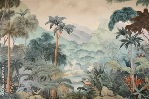 Naklejka wallpaper jungle and leaves tropical forest birds old drawing vintage - generative ai 
