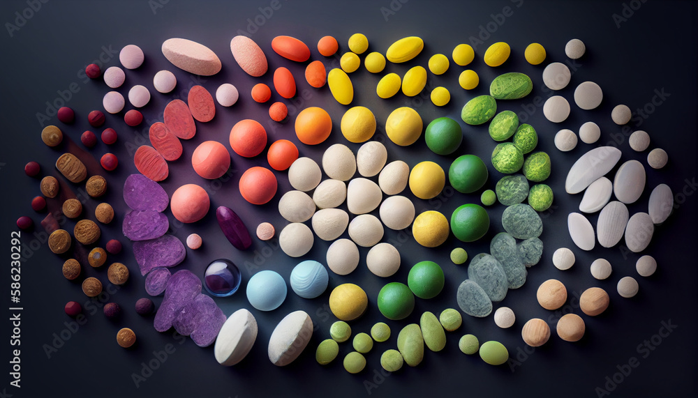 Creative layout of colorful pills and capsules. Minimal medical concept. Pharmaceutical. Flat lay, top view