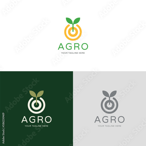 Vector flat agricultural plant logo with leaves and circles on white background. Biotechnology concept. Illustration for agro, farming and livestock business.
