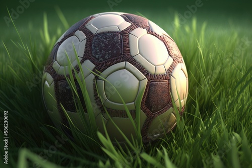 Soccer ball on the grass close-up, generative AI