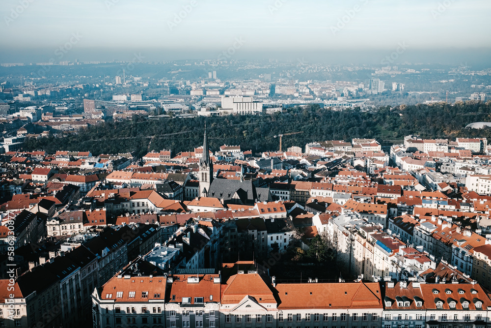 Panorama city Prague from height. View from Observation deck in Zizkov TV Tower