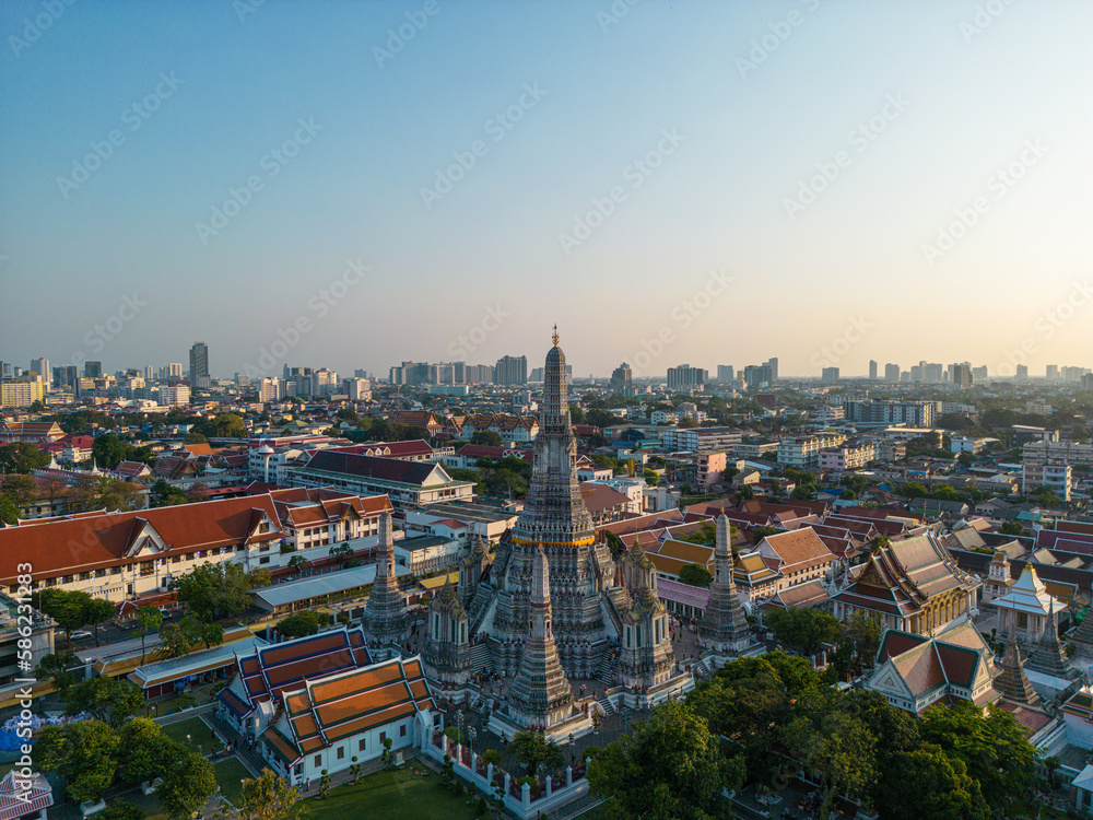 Aerial view Temple of dawn Wat Arun sunset light sightseeing travel