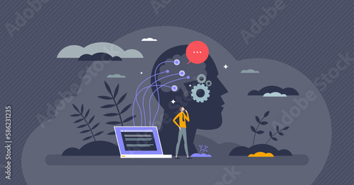 Brain computer interface or BCI with neuron technology tiny person concept. Wire mash on head with data transfer from mind to computer vector illustration. Machine with communication pathway to device