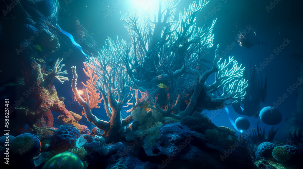Sea deep or ocean underwater with coral reef as a background. Generative AI Sea deep or ocean underwater with coral reef as a background. Generative AI