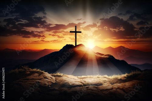calvary sunset background for Good Friday He is risen. Generative AI