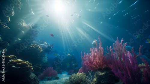 Sea deep or ocean underwater with coral reef as a background. Generative AI
