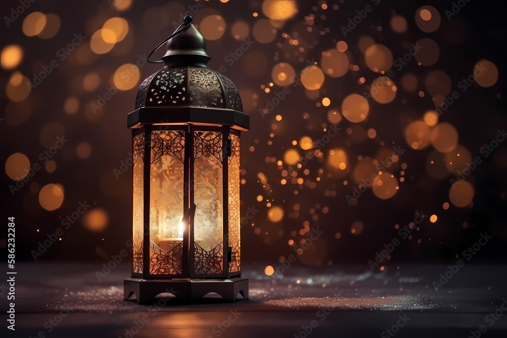 ramadan kareem with Arabic lantern burning candle and bokeh effect,Eid Mubarak islamic muslim holiday background with beautiful eid lamp glowing Night, generative ai