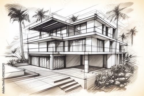 Sketch of modern cozy villa house on the white background. Design stages of luxury villa architecture drawing. Generative AI