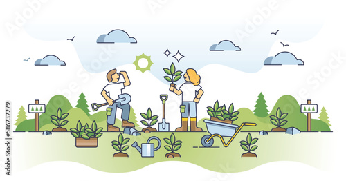Reforestation and new tree plant seedling for green forest outline concept. Sustainable and nature friendly project for woods support and growth vector illustration. Work with flora sprouts gardening