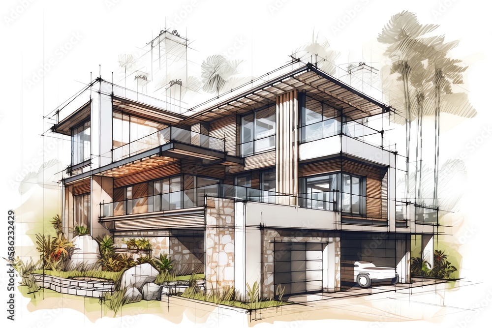 Fototapeta premium Sketch of modern cozy villa house on the white background. Design stages of luxury villa architecture drawing. Generative AI