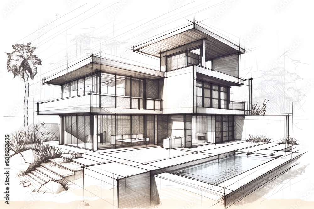 Sketch of modern cozy villa house on the white background. Design stages of luxury villa architecture drawing. Generative AI Sketch of modern cozy villa house on the white background. Design stages of luxury villa architecture drawing. Generative AI