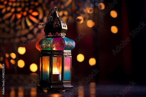 Ramadan kareem Lantern with Colorful Light Glowing at Night with Bokeh Lights, Ornamental Arabic lantern , generative ai