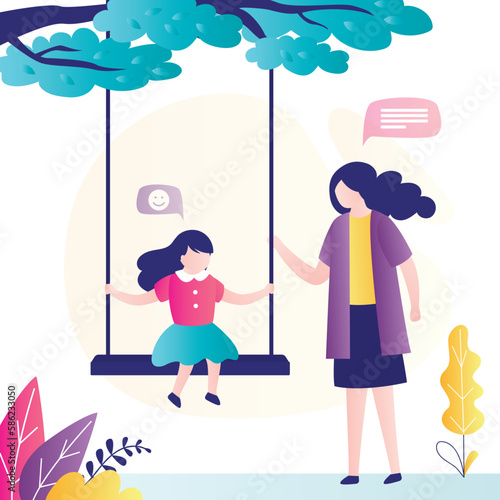 Little girl is sitting on swing. Nanny swings cute child on swing. Mom spends time with daughter. Active games on playground or in park. Relationships, family portrait