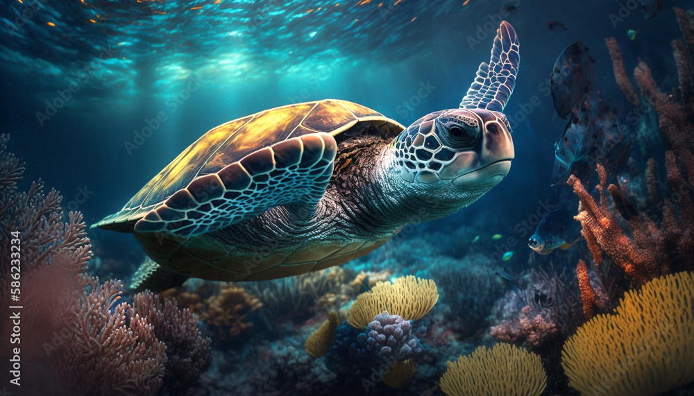 Fototapeta premium Illustration of a turtle swimming in shallow sea water. Through the cracks of the beautiful sea coral. The turtle is heading towards the beach for the purpose of laying eggs. 