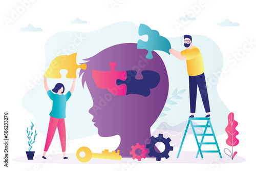 Education, child development. Parents help child develop skills, improvement mindset maintain mental health, positive thinking. Teenager head silhouette and people put puzzle pieces in brain.