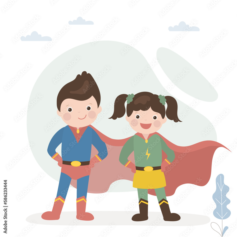 Cute children plays superheroes. Kids standing in hero costumes. Imagination, playing rescuer, hero, helper. Little kids has funny game together. Cute children plays superheroes. Kids standing in hero costumes. Imagination, playing rescuer, hero, helper. Little kids has funny game together.