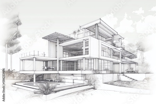 Sketch of modern cozy villa house on the white background. Design stages of luxury villa architecture drawing.  Generative AI