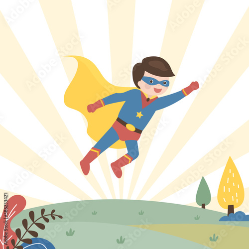 Cute boy plays superhero. Funny child flying in hero costume. Imagination, playing rescuer, hero, helper. Little kid has funny game.