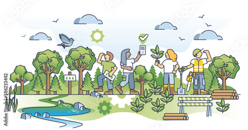 Sustainable forest management with selective harvesting outline concept. Effective and nature friendly forestry for environment conservation vector illustration. Professional forestation teamwork.