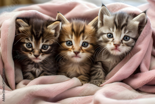 Three Kittens Wrapped in a Warm Pink Blanket: AI Generated Image