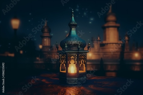 Ramadan kareem Lantern with Colorful Light Glowing at Night with Bokeh Lights, Ornamental Arabic lantern , generative ai