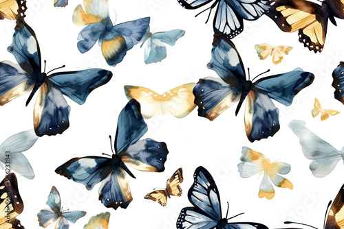 Generative AI illustration. Seamless watercolor pattern with dark purple  blue and lavender butterflies. Elegant vintage design for fabric.